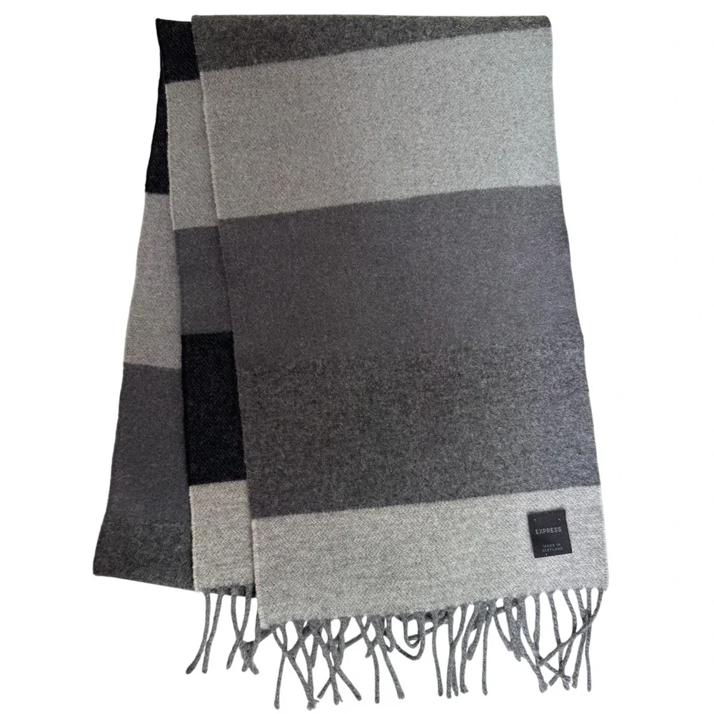 Express Wool Cashmere Scarf Made Scotland Gray Colorblock Preppy Dark Academia